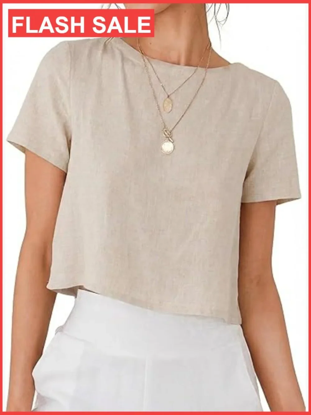 Short Sleeve Linen Crop Blouse Beach Vacation Top